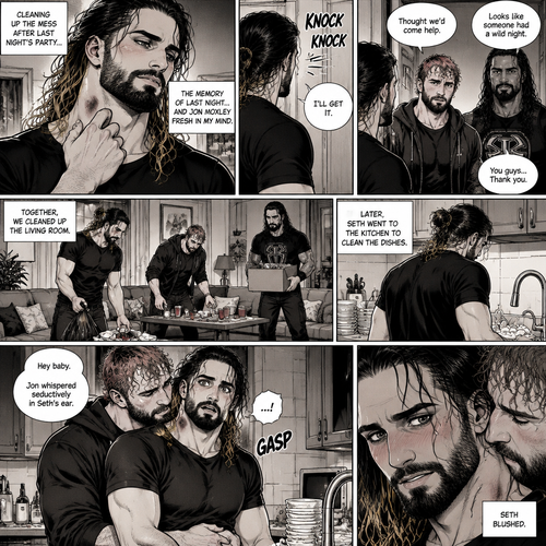 (Part 2) Seth Rollins was cleaning up the mess after last night’s party in his house. His fingers traced on one of the hickeys on his neck. The memory of last night’s party…and Jon Moxley Fresh in his mind. Seth blushed a little,Then there was a knock on the door. Seth walked to the door and answered it,It was Jon and Roman Reigns. They came to help Seth clean up. Seth was thankful for that. They cleaned up the living room. Seth walked to the kitchen to clean the dishes. Jon silently walked to the kitchen and stood behind Seth,Then he wrapped his arms around Seth’s waist. Seth gasped softly. “Hey baby” Jon whispered seductively in Seth’s ear. Seth blushed