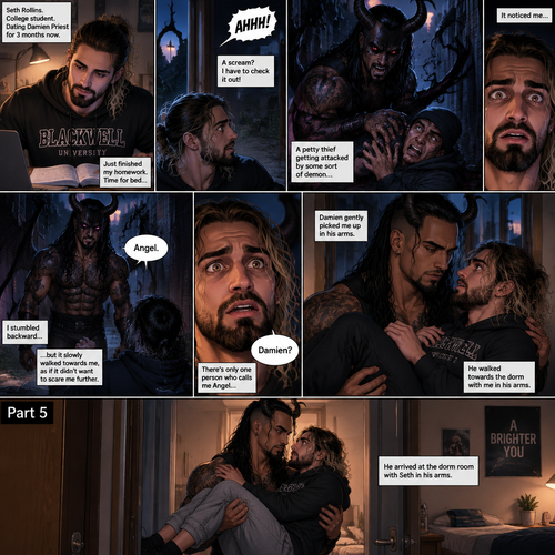 (Recap). Seth Rollins (College student) and Damien Priest (The bad boy) had been dating for 3 months now,Damien had been acting strangely possessive and protective of Seth,Anyone who ever picked on Seth had mysteriously disappeared,Nobody knew why,One night Seth just finished his homework assignment,He was about to get ready for bed,then he heard a scream,He ran outside to investigate,When he got to the source of the scream he saw A petty thief Getting attacked by some sort of demon,Seth got scared,The demon noticed Seth,Seth stumbled backward,The demon slowly walked towards Seth as if it didn’t want to scare him any further,Seth’s heart was pounding with fear,Then the demon spoke “Angel”,Seth’s eyes widened,There was only one person who calls him Angel,“Damien?” Seth asked,Damien Gently picked Seth up in his arms,He walked towards the dorm room with Seth In his arms. (And now Part 5). He arrived at the dorm room with Seth in his arms