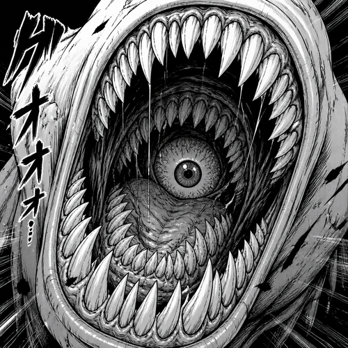Big gaping monster mouth open full of teeth with an eye inside the mouth 